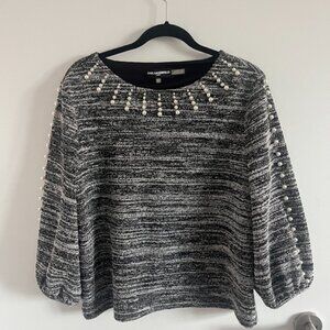 Karl Lagerfeld Black & White Pearl Balloon Sleeve Long Sleeve Blouse Shirt M